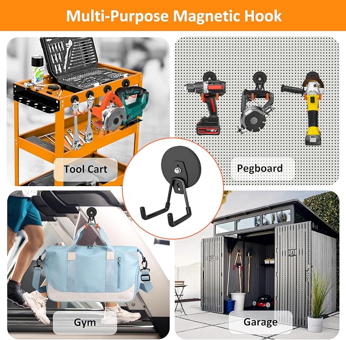 ENUODA Strong Magnetic Hooks Heavy Duty, 25lbs Magnet Tool Holder Garage Storage Hooks for Hanging Yard Tools Extension Cord Hose Power Tools Locker Container Outdoor Indoor, 2 Pack