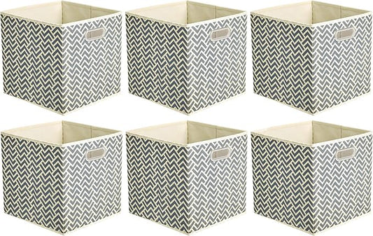 Amazon Basics Collapsible Storage Bins with Handle, Space-Saving, Breathable Cube Organizer, 10.5" x 10.5" x 11", Chevron Grey, 6-Pack
