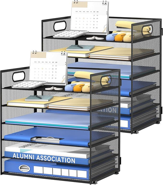 Daltack 6-Tier Paper Organizer for Desk with Handle, Black, 2 Pack | Sturdy Metal Mesh Organizer with Movable Middle Trays and a Carry Handle for Papers, Folders and Office Supplies