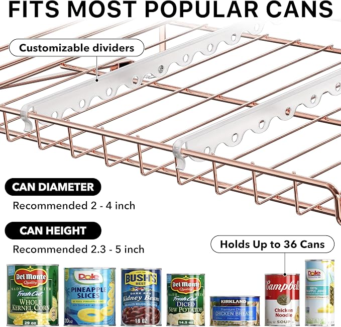 Simple Houseware 3-Tier Stackable Can Organizer Rack 36 Cans, Rose Gold | Can Food Storage Dispenser for Pantry/Cabinet, Adjustable Dividers – 11.5" D x 17" W x 13.75" H