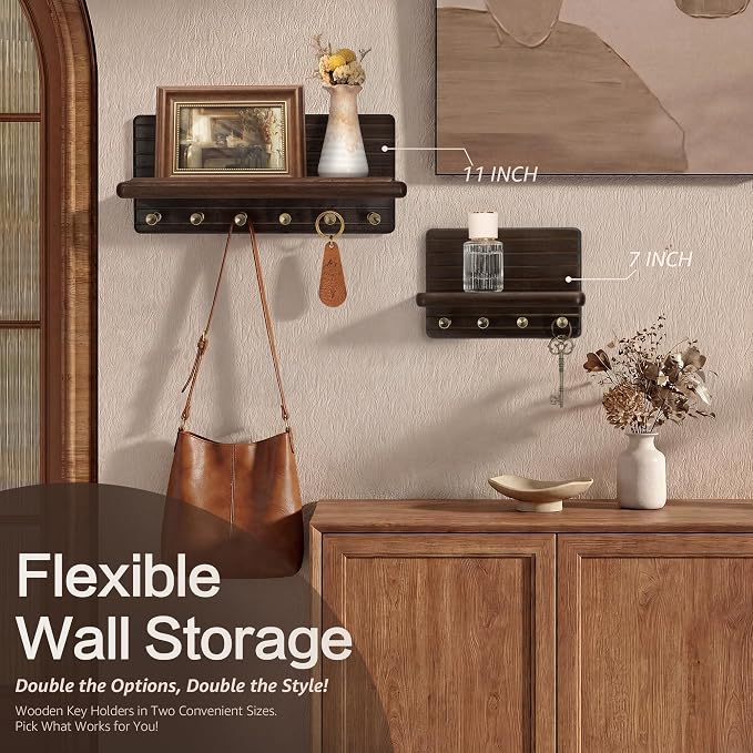 Rebee Vision Acacia Wood Key Holder Wall Mount for Entryway, Dark Brown | Small Key Holder for Wall, 4 Key Hooks, Floating Shelf, Mail Organizer, Compact Home Storage, Ideal for Home Improvement