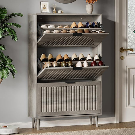 Xixini Shoe Storage Cabinet with 3 Flip Drawers, 50" Tall Narrow Wood Fluted Shoe Organizer for Entryway, Freestanding Wooden Hidden Slim Shoe Rack for Front Door Entrance, Hallway, Foyer, Light Grey