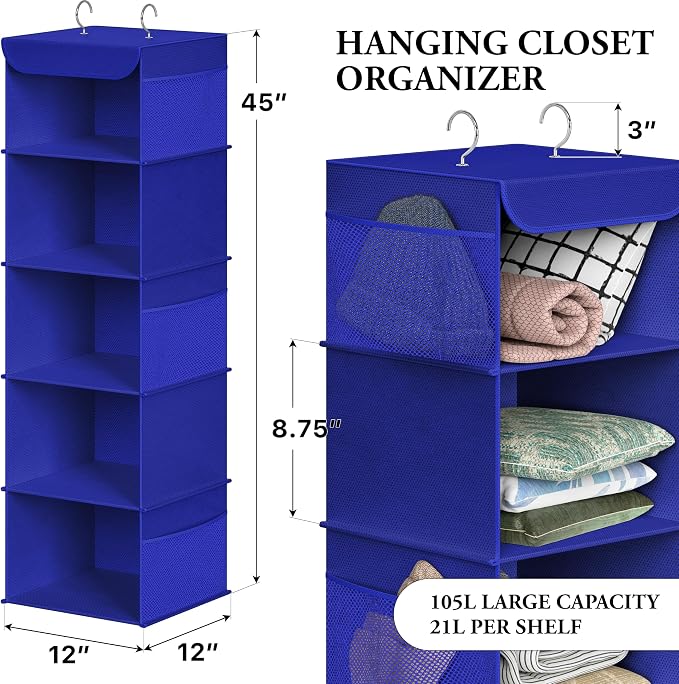 Simple Houseware 5 Shelf Hanging Closet Organizer, Dark Blue | 360° Rotating Dual Hooks, Top Support Metal Frame, 6 Side Mesh Pockets