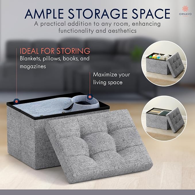 Ornavo Home Small Rectangle Storage Ottoman, Foldable Linen, 12x16x12, Gray | Collapsible Cube Design; Foot Rest Stool Seat; Ideal for Living Room, Bedroom, Home Office or Dorm
