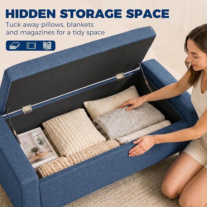 HOMCOM 36.6" Tufted Fabric Rectangular Storage Ottoman Bench Blue | With Armrests, Wooden Legs, Holds up to 528 lbs, for Entryway Living Room Bedroom