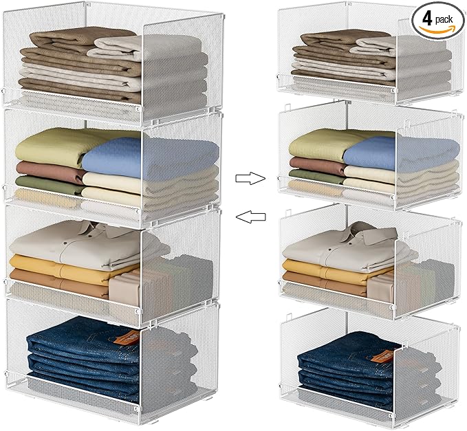 Tiaoheka 4-Tier Stackable Closet Organizers and Storage Shelves, Foldable Closet Shelf Organizer, Stackable Storage Bins Drawers for Closet Organizer System, White(Patent Pending)