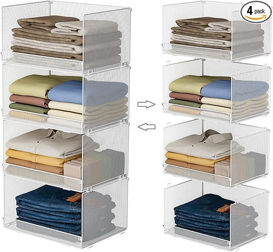 Tiaoheka 4-Tier Stackable Closet Organizers and Storage Shelves, Foldable Closet Shelf Organizer, Stackable Storage Bins Drawers for Closet Organizer System, White(Patent Pending)