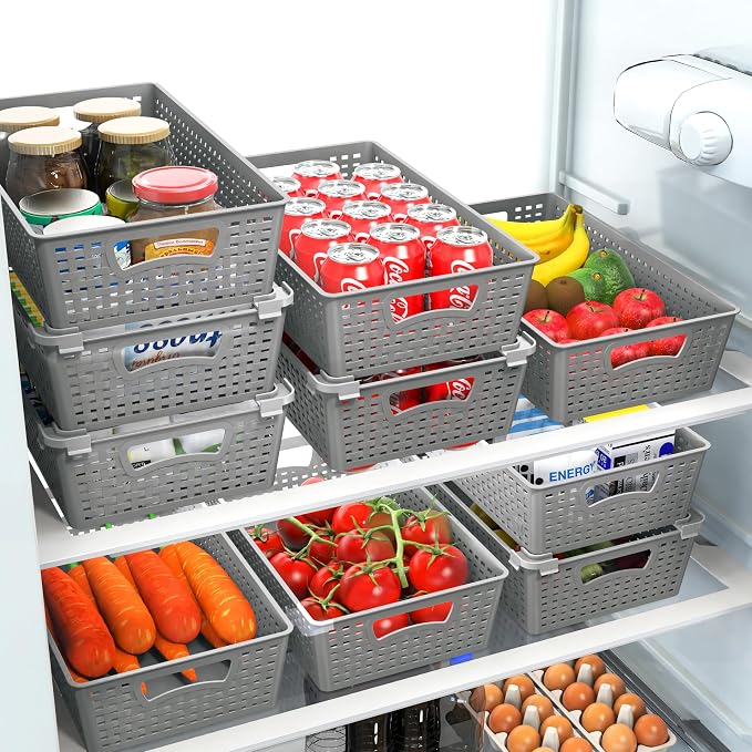 Simple Houseware Stackable Plastic Woven Basket Organizer, 6 Pack, Gray | 14.5" D x 8.5" W x 3.5" H