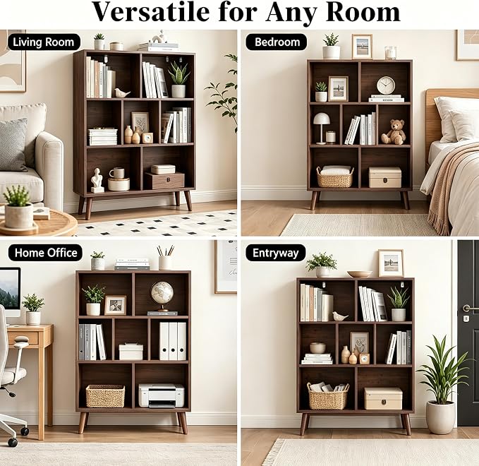HealSmart 7 Cube Storage Organizer, 3 Tier Bookshelf with Legs, Free Standing Cube Bookcase for Living Room, Bedroom, Office, Brown