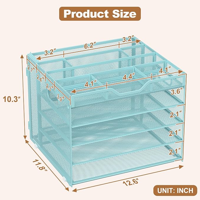 Docnest 5 Tier Desk Organizer with Hanging File Folder Holder&Tray, Blue | Features 3 detachable pen holders and 4 removable dividers.Versatile mesh desktop storage for mail, document,office supplie