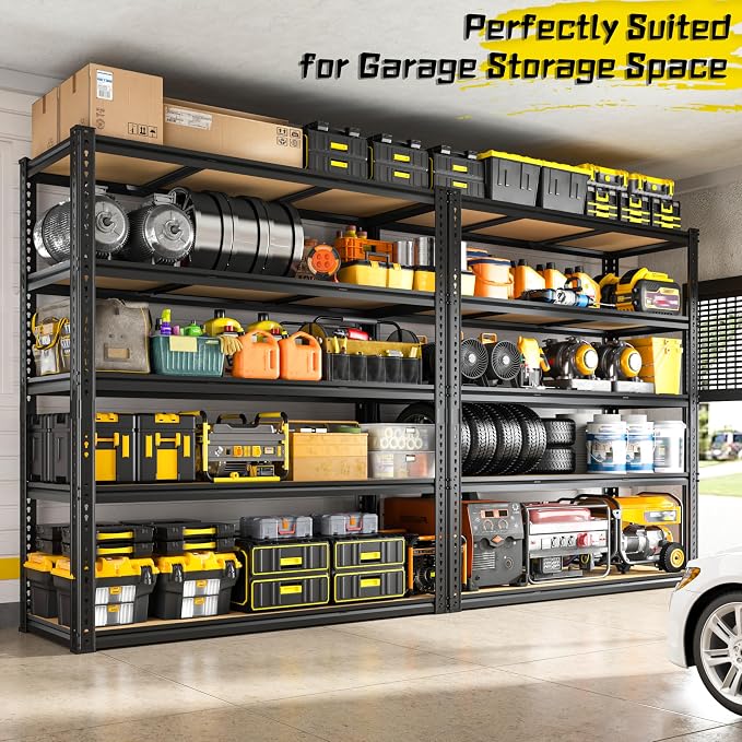 48" W Garage Shelving Heavy Duty 2800LBS Garage Storage Shelves, 5 Tier Adjustable Metal Shelving Unit Utility Rack Shelf for Warehouse, Pantry, Closet, Kitchen 72" H x 48" W x 18" D, Black，2PCS