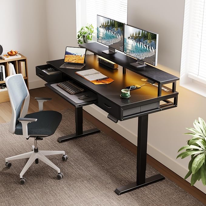 AODK 55 Inch Electric Standing Desk with Drawers & Keyboard Tray, Black | 3 Outlets & 2 USB Ports, LED Lights, Monitor Stand, Cable Management Tray, 3 Memory Heights, 29.9"-46.1" in Range