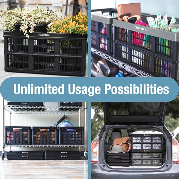 CleverMade Collapsible Utility Crate, 45L, 66 lb, Obsidian | Interlocking crates stack open or folded and carry 66 lb each. Side handles make groceries, tools, and gear easier to move.