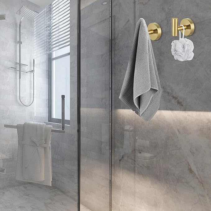 Towel Hooks for Bathroom 2 Packs Screw- in Gold Wall Mount Towel Holder Towel Rack, Heavy Duty Robe Coat Loofah Hooks for Shower, Kitchen,Hotel, Pool Tile, Brick Modern Style Decor Wall Hooks