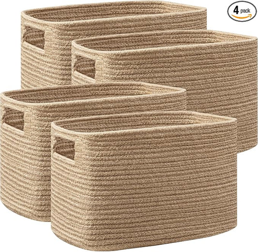 4 Pack Storage Baskets for Organizing, Shelf Baskets with Handles, Jute | 14.5"Lx9.8"Wx9"H, Woven Basket, Cotton Rope Basket, Toy Storage, Cube Shelf, Gift Baskets Empty, Home Decor