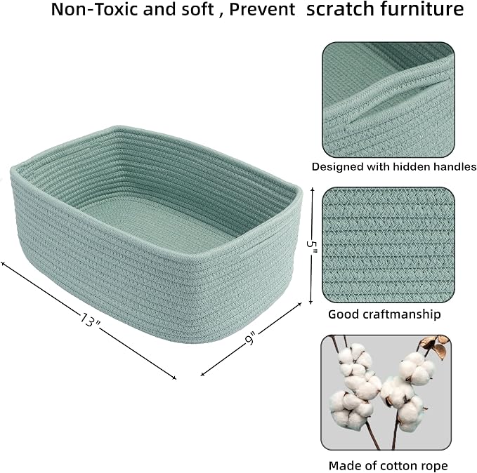 XUANGUO Small Woven Storage Baskets for Shelves, 13" x 9" x 5", Green | Decorative rope storage bins for closets and toy storage; cute organizer baskets, empty gift baskets and nursery storage.