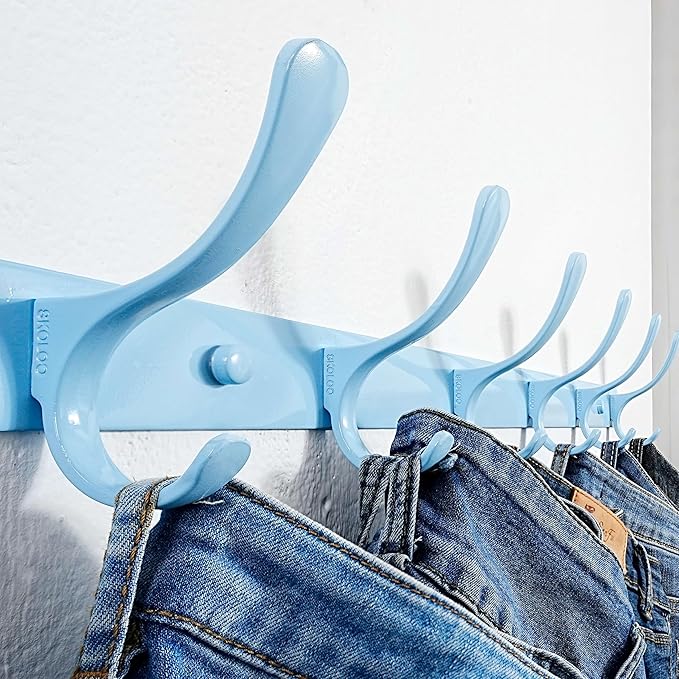 SKOLOO Wall Mounted Coat Rack - 6 Hooks, Heavy Duty, Stainless Steel, Metal Wall Hangers, Sturdy Coat Hooks for Hanging Coats, Jacket, Clothes, Hat, Blue