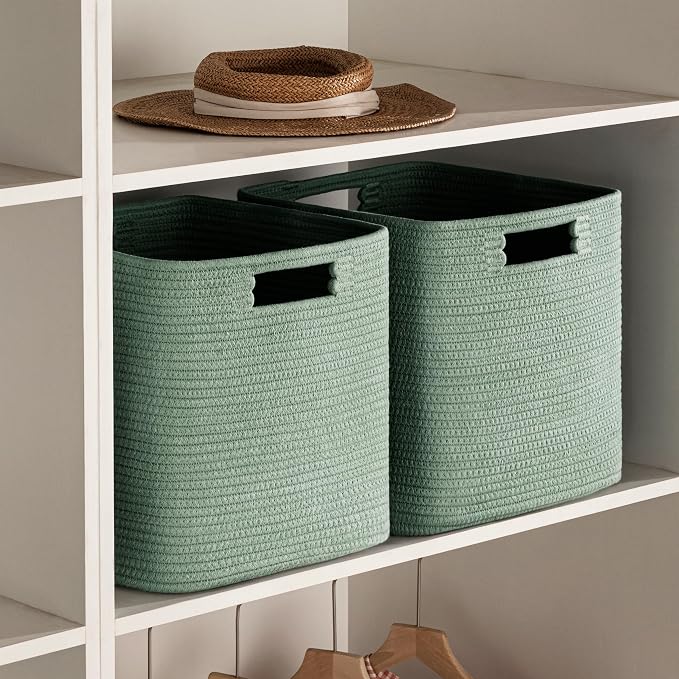 UBBCARE Set of 4 Storage Basket-13 X 13 X 13 In, Cotton Rope Basket for Shelves, Toys, Book, Cube Storage Bins with Handles, Woven Storage Basket for Organizing, Green