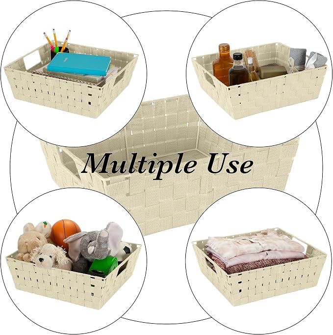 Simplify Large Shelf Woven Strap Tote | Decorative Storage Basket | Built in Handles | Organization | Closet | Bedroom | Bathroom | Nursery | Accessories | Toys | Gifts | 2 Pack | Ivory