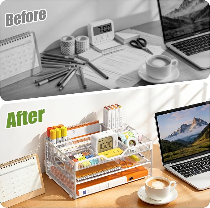 3 Tier Metal Desk Organizer with Magazine File Holder, White | Space saving workspace desk file trays. Includes pencil holder and portable handles. Ideal for school and office supplies