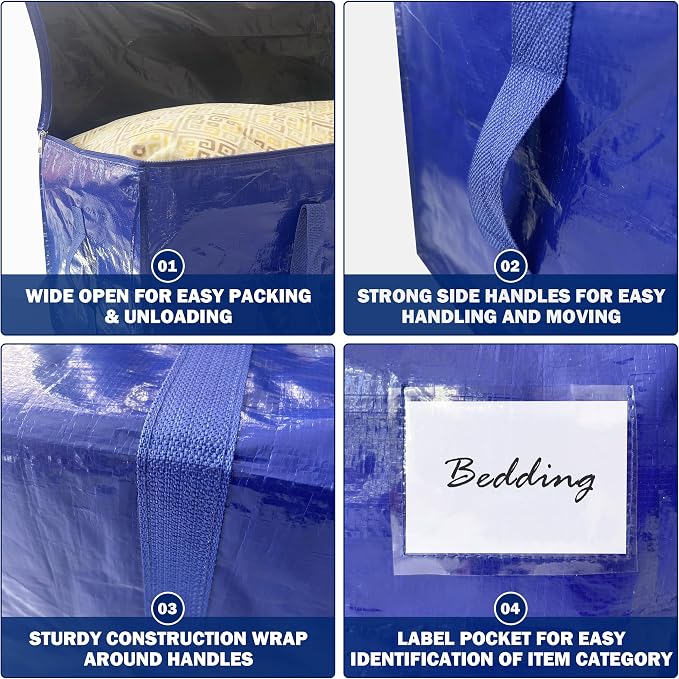 12 Pack Extra Heavy Duty Large Moving Bags with Strong Zipper & Carrying Handles, Sturdy Clothes Storage Bags Totes Bins, Packing Bag Move Boxes College Moving Supplies, Dark Blue - 24 gal