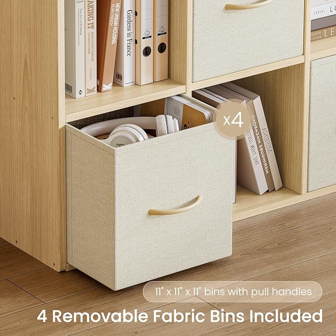 EXPERLAM 8 Cube Storage Organizer - Solid Wood Bookshelf with 4 Storage Bins, Cube Shelf with 2 Removable Back Panels, Vertical or Horizontal Bookcase, Open Book Shelf for Bedroom, Living Room, Office
