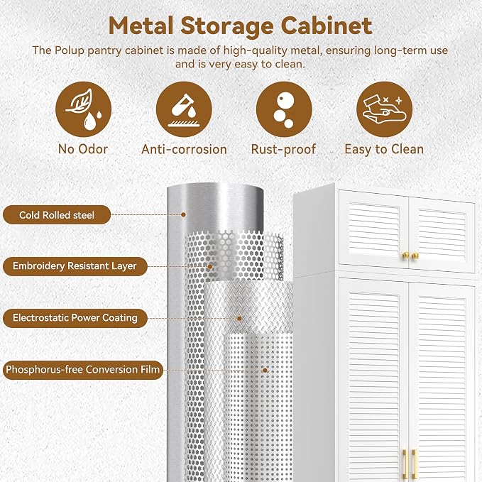 Polup 90" Tall Metal Kitchen Pantry Storage Cabinet with Doors and Shelves | Heavy-Duty White Cabinet, 5 Adjustable Shelving, Gold Handles, Louvered Doors, for Dining Living Room, Bathroom & Garage