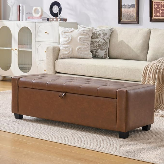 Huatean Home 48" Ottoman with Storage, Brown Storage Ottoman Bench | Upholstered Entryway Bench with Seating for Bedroom, Living Room with Safety Hinge, Holds up to 330 lb