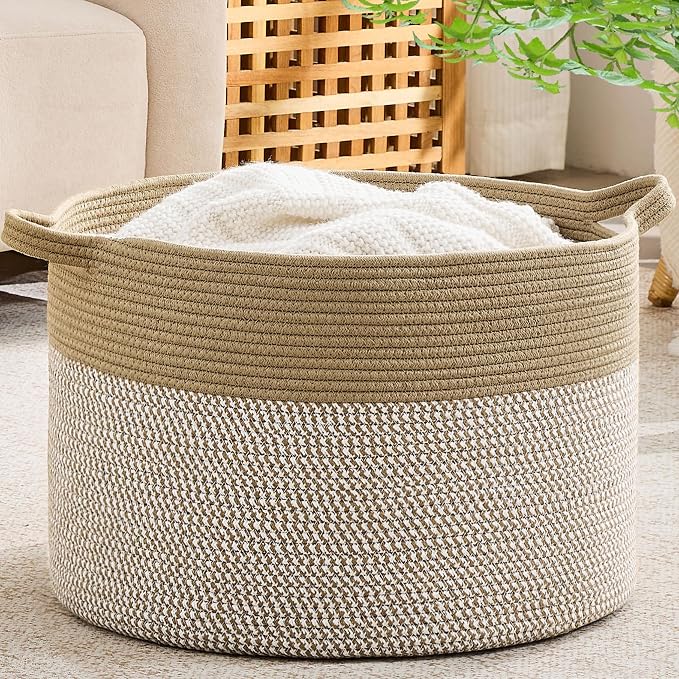 KAKAMAY Large Blanket Basket with Handles, Storage Basket for Living Room | Extra Large Capacity | Natural Cotton Rope | Blanket Storage | Woven Storage Basket | Stuffed Animal Storage | Laundry Basket