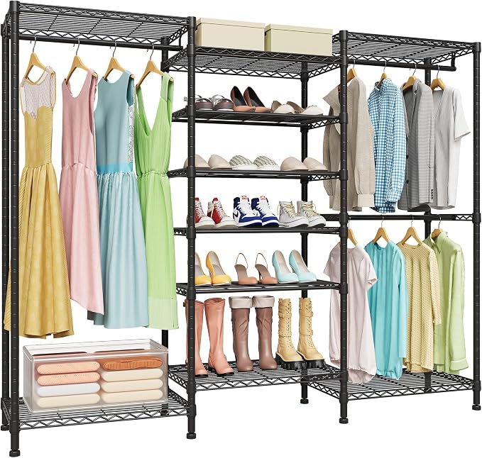 Higeego H12 Heavy Duty Clothes Rack, Black | Freestanding Clothing Rack with 6-Tier Adjustable Shoe Rack, 3 Hanging Rods, 15.7" D x 68.7" W x 76.4" H