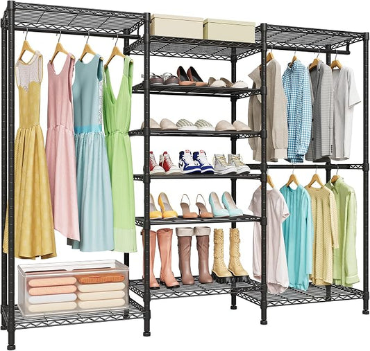 Higeego H12 Heavy Duty Clothes Rack, Black | Freestanding Clothing Rack with 6-Tier Adjustable Shoe Rack, 3 Hanging Rods, 15.7" D x 68.7" W x 76.4" H