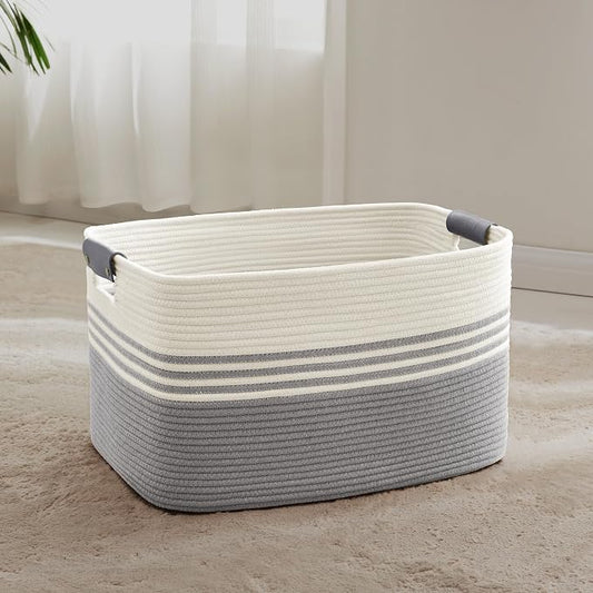 60L Woven Laundry Basket Hamper with Leather Handles,Grey | collapsible wicker hamper, storage for dirty clothes, toys, blankets, gifts, living room, bedroom, bathroom, 21"x15"x11"