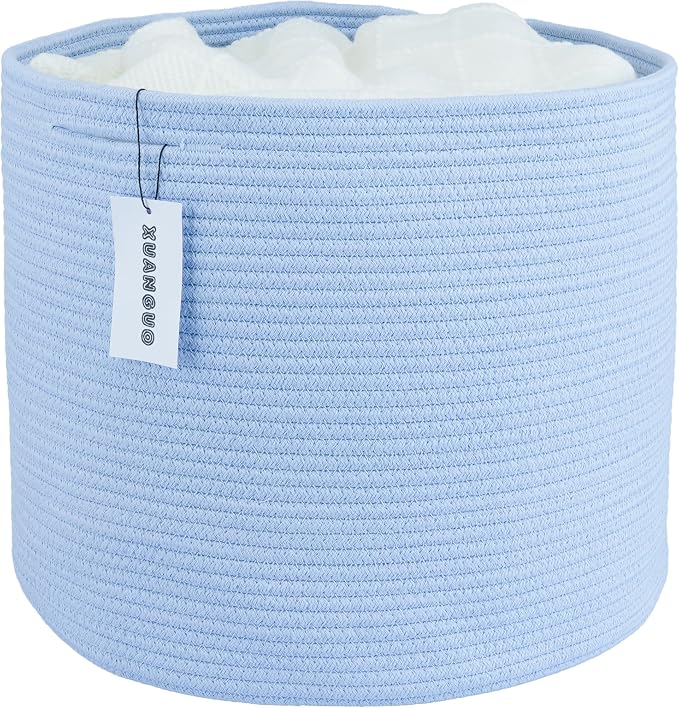 XUANGUO Cotton Rope Basket For Girls Boys Kids 16”X14 Blue | Baby Laundry Baskets, Blanket Basket, Nursery Bin; Round Woven Basket Organizer for Toy Storage, Blankets, Shoes and Clothes