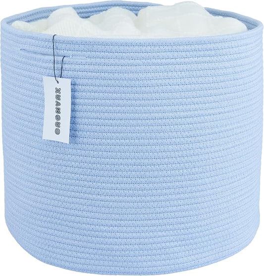 XUANGUO Cotton Rope Basket For Girls Boys Kids 16”X14 Blue | Baby Laundry Baskets, Blanket Basket, Nursery Bin; Round Woven Basket Organizer for Toy Storage, Blankets, Shoes and Clothes