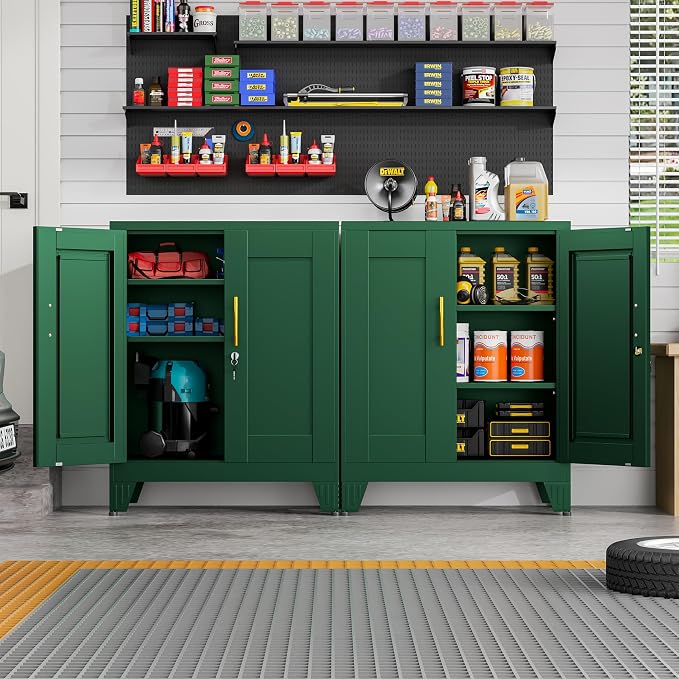 GAIOUS Green Metal File Cabinet with Lock(Two Units), Steel Storage Cabient | with 2 Doors and 2 Adjustable Shelves, Multifunctional Locked Cabinet for Home/Office/Garage/Tool Room, Accent Furniture