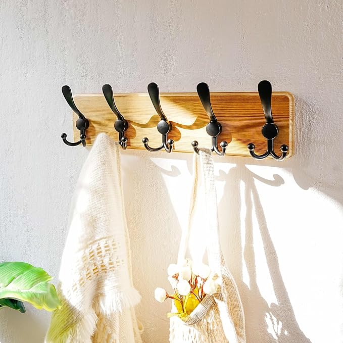 Coat Rack Wall Mount - Heavy-Duty Robust Rustic Wooden Wall Coat Hanger Hook Rail with 5 Triple Hooks for Winter Jacket & Hat Clothing, Light Brown & Black