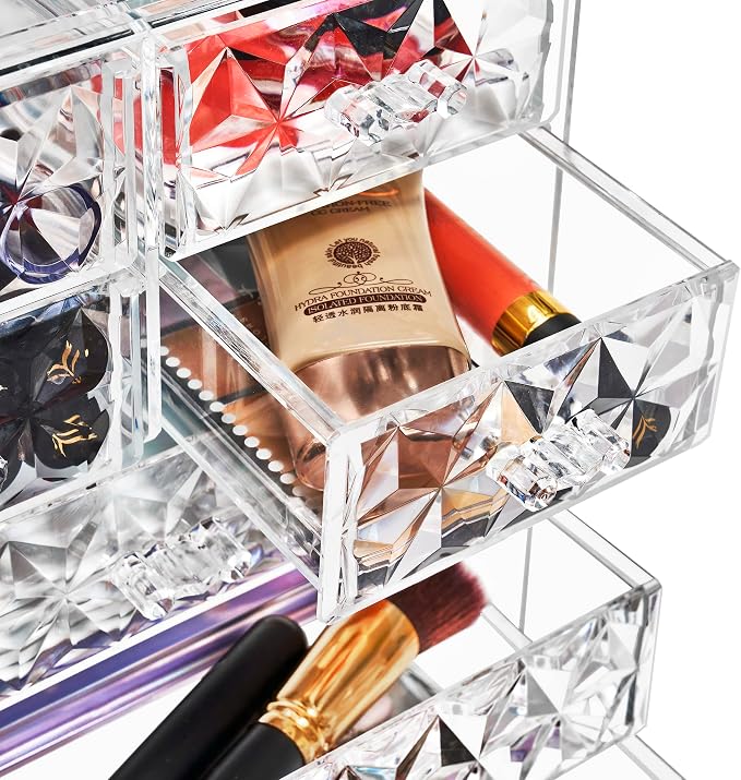 Sorbus Acrylic Makeup Organizer Set, 7-Drawer Vanity & Countertop Cosmetic Storage with Small & Wide Drawers, Diamond Makeup Storage for Brushes, Lipsticks, Jewelry – Holiday Gift for Women & Teens