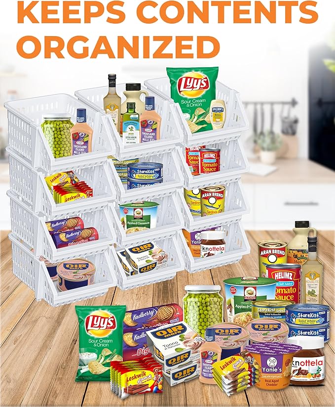 Small Stackable Storage Bins Open Front for Pantry Storage, 8 Pack - White | Sturdy Plastic, Easy Stacking, Open Front Access, Ventilated Sides, Vertical & Space Saving Pantry Organizers and Storage Bin