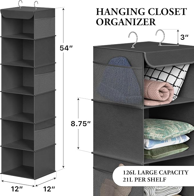 Simple Houseware 6 Shelf Hanging Closet Organizer, Dark Gray | 360° Rotating Dual Hooks, Top Support Metal Frame, 6 Side Mesh Pockets