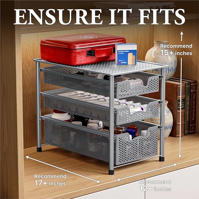Simple Houseware Stackable 3 Tier Sliding Basket Organizer Drawer, Silver
