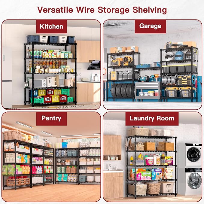 PrimeZone Wire Storage Shelves, 5-Tier Adjustable NSF Metal Shelving, 2 PCS | Alloy Steel Structure, 1250 LBS Capacity, Adjustable Leveling Feet, 4 Hooks, 35.5"W x 14"D x 72"H for Kitchen, Pantry, Closet