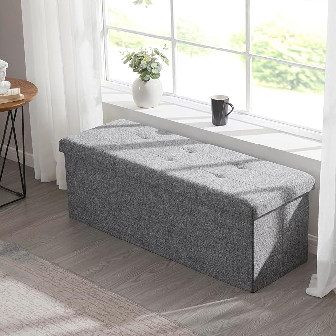Ornavo Home 43 Inch Folding Extra Large Storage Bench, Linen, Gray | Upholstered Tufted Ottoman with Lid; Foot Rest Stool; Ideal for Bedroom, Living Room or Entryway