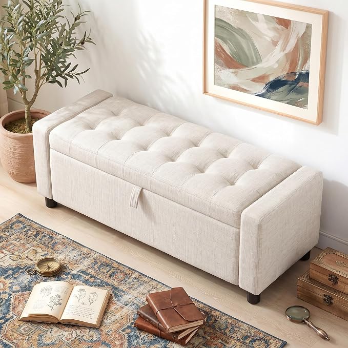 Marsail Upholstered Bench Rectangle Ottoman with Storage Bench for Bedroom End of Bed, Tufted Ottoman with Cushion, Modern Benches for Foot of Bed, Living Room, Entryway, Cream