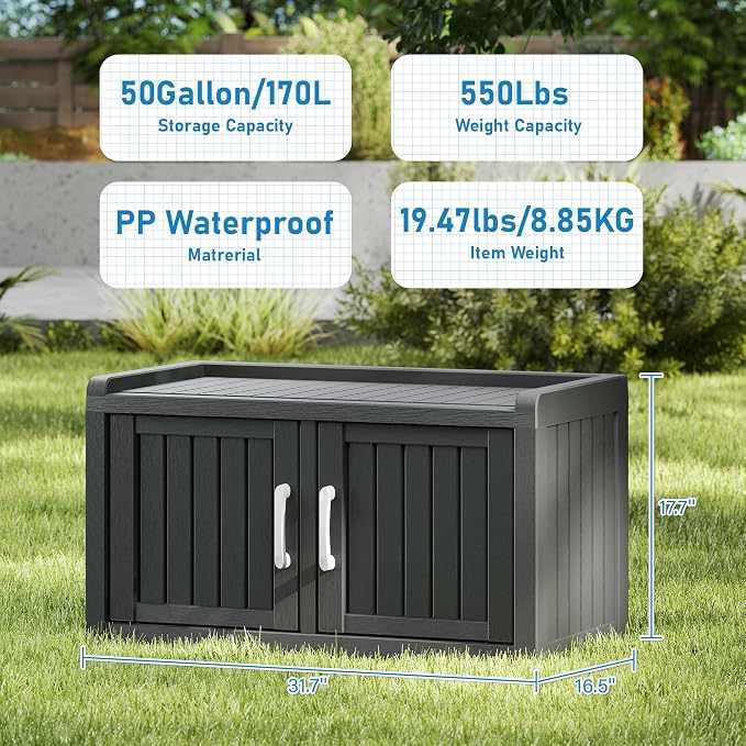 Outdoor Shoe Storage Cabinet, Waterproof UV-Resistant Entryway Storage Bench Indoor Outdoor with 2 Barn Doors, Adjustable Shelves for Entryway, Bedroom, Hallway,Living Room(Black)