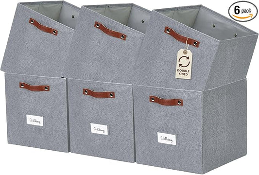 DECOMOMO Storage Bins, Cube Storage Bin with Labels | 13" x 13" x 13" Fabric Storage Cubes for Shelves (6pcs, Texture Grey)