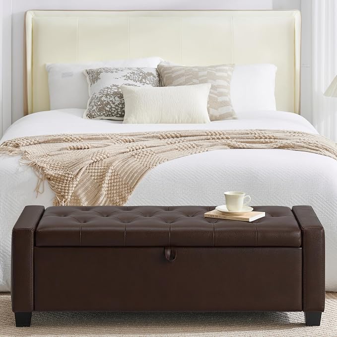 Huatean Home 48" Ottoman with Storage, Dark Brown Storage Ottoman Bench | Upholstered Entryway Bench with Seating for Bedroom, Living Room, with Safety Hinge, Holds up to 330 lb