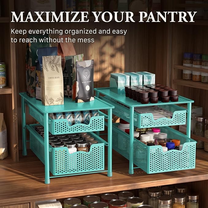 Simple Houseware Stackable 2 Tier Sliding Basket Drawer, Turquoise