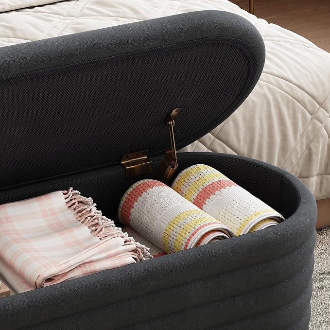 Ball & Cast Storage Ottoman Bench, 40" Chenille Upholstered Storage Bench for Bedroom End of Bed,Oval Ottoman with Storage,Entryway Bench with Safty Hinges for Living Room,Black