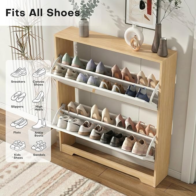 Nicetree Shoe Cabinet with 2 Flip Drawers, Narrow Shoe Organizer Cabinet, Freestanding Shoe Rack Cabinet, Modern Shoe Storage Cabinet for Entryway, Hallway, Foyer, Natural Oak and White