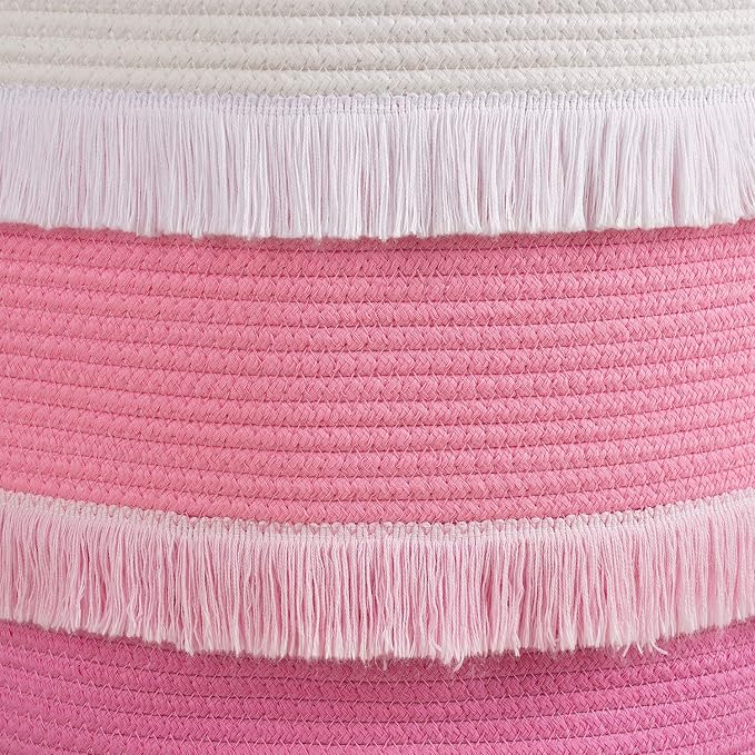 CherryNow 45L Woven Rope Baby Basket with Tassel, 16" x 13", Pink | Decorative Boho Laundry Basket for Blankets & Towels Storage, Fits Living Room & Nuesery Home Decor, with Knotted Handles